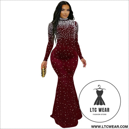 Elegant high neck rhinestone beaded bodycon dress for women fashion - red wine / s