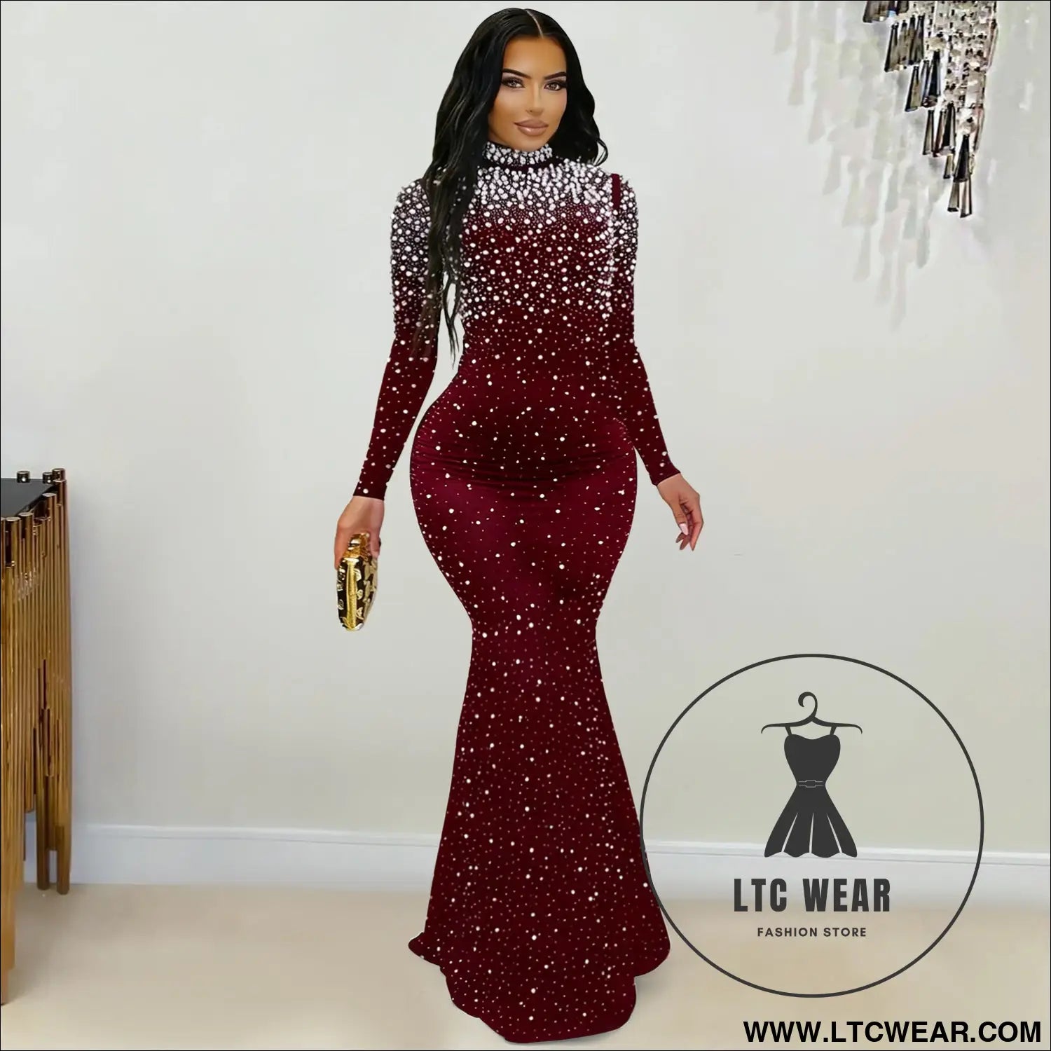 Elegant high neck rhinestone beaded bodycon dress for women fashion