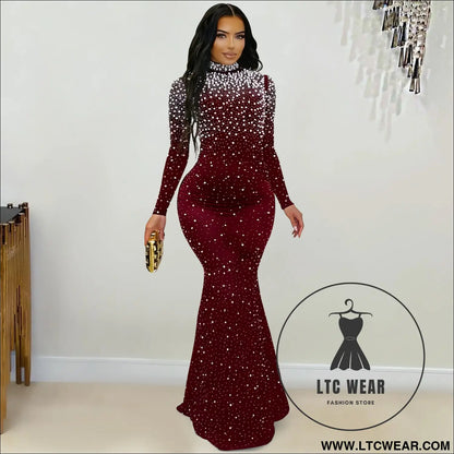Elegant high neck rhinestone beaded bodycon dress for women fashion