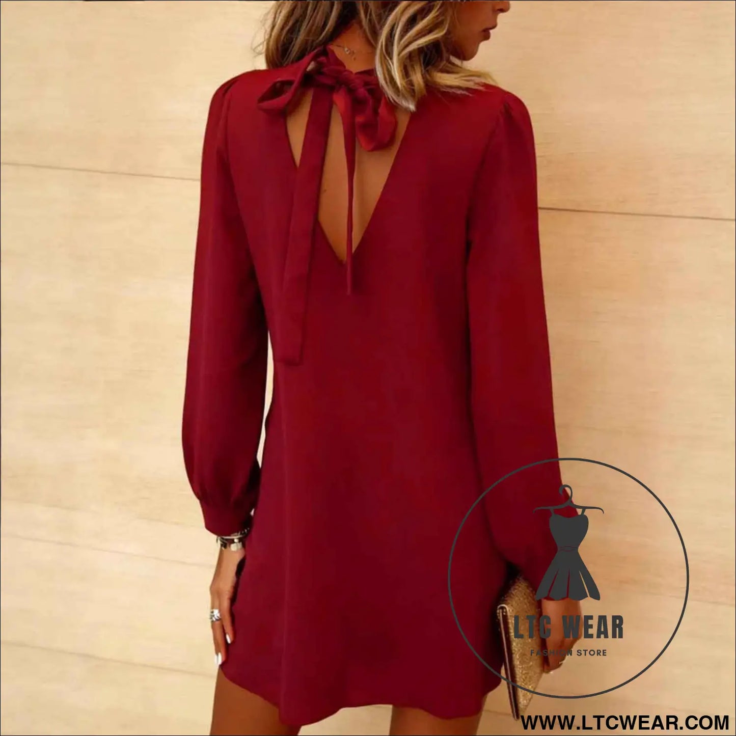 Elegant Long Sleeve Round Neck Backless Bow Dress with Casual Style for Women