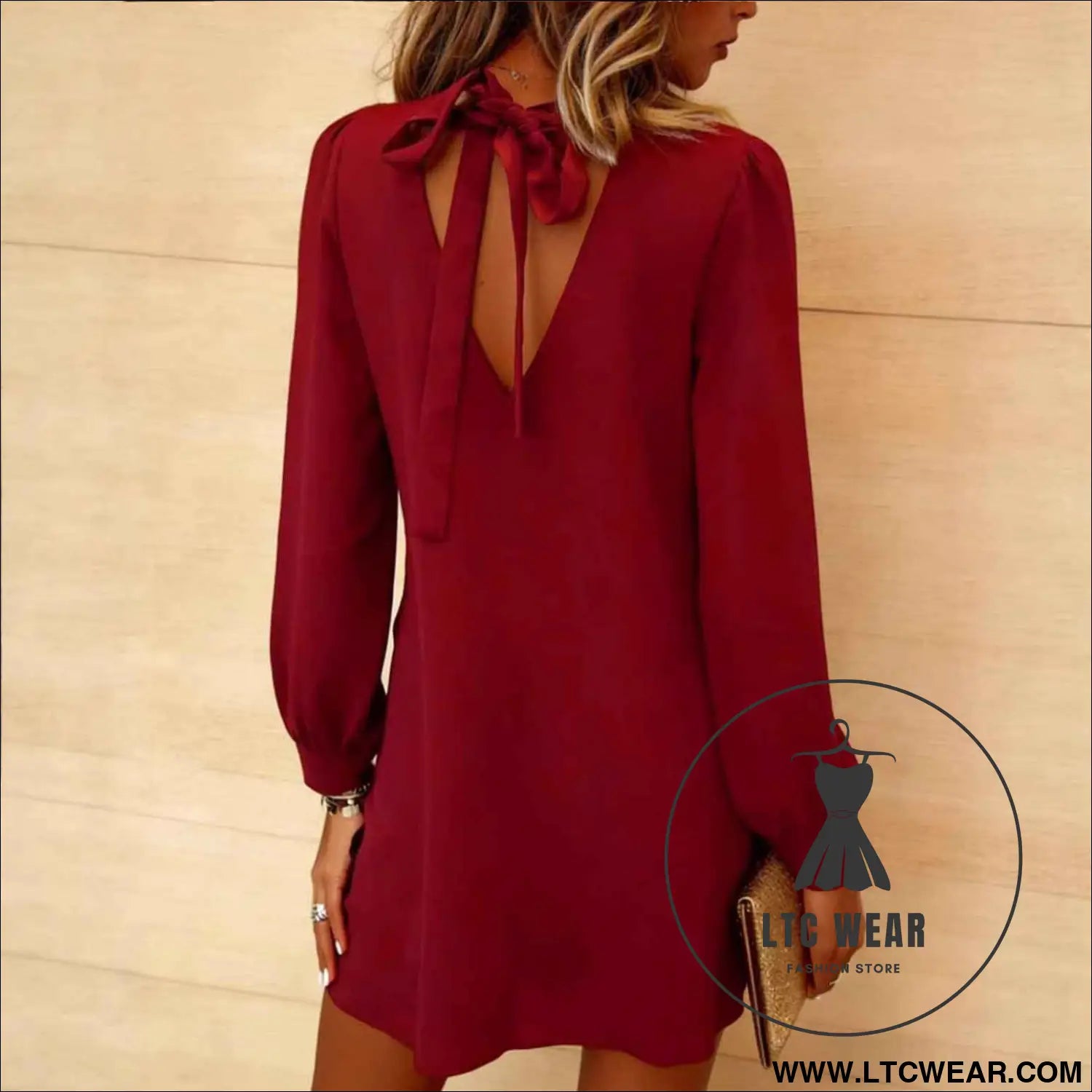 Elegant Long Sleeve Round Neck Backless Bow Dress with Casual Style for Women