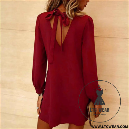 Elegant Long Sleeve Round Neck Backless Bow Dress with Casual Style for Women