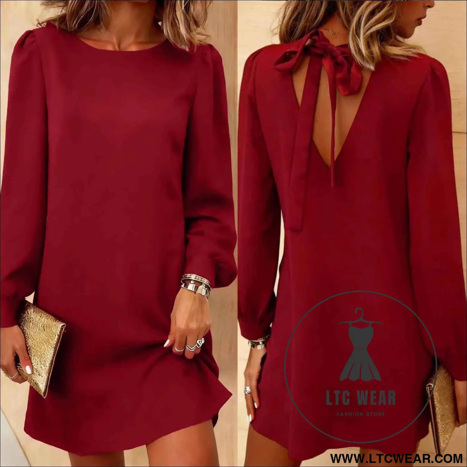 Elegant Long Sleeve Round Neck Backless Bow Dress with Casual Style for Women