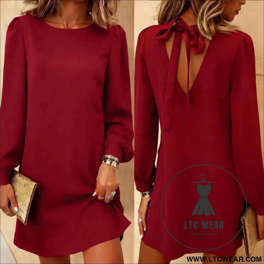 Elegant Long Sleeve Round Neck Backless Bow Dress with Casual Style for Women