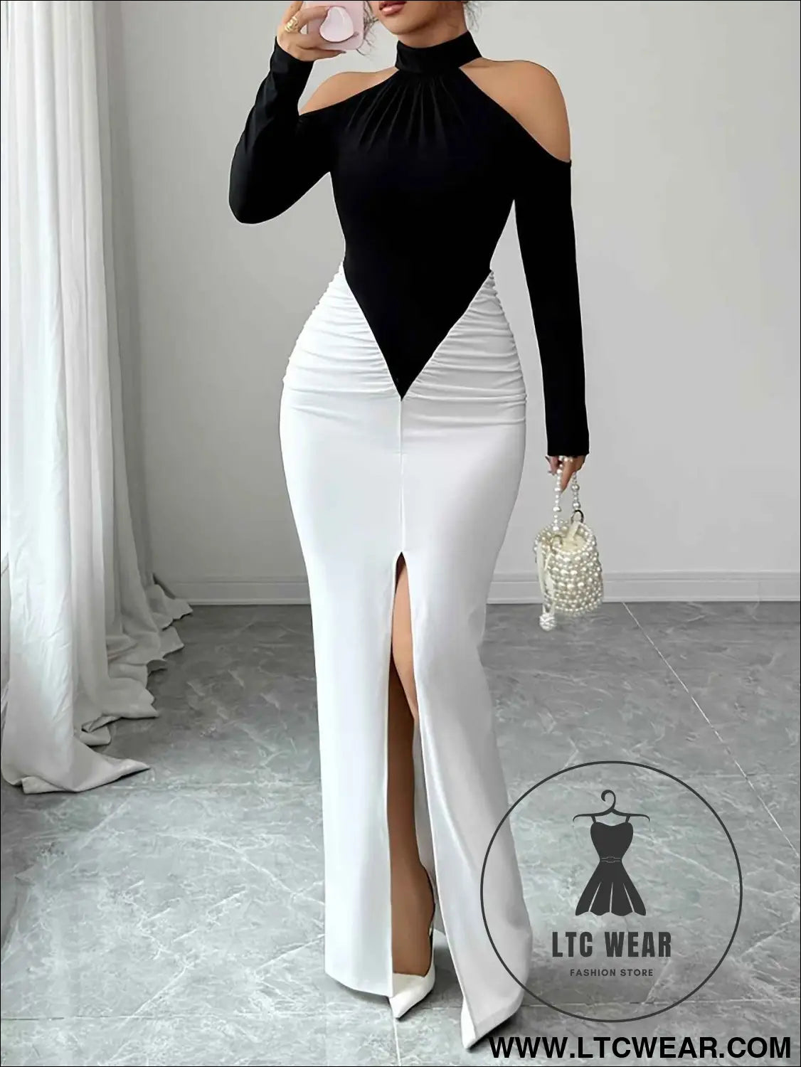 Elegant OffShoulder Contrast Split Party Dress
