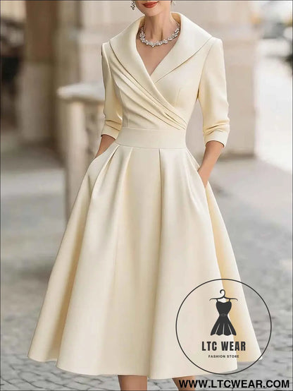 Elegant Satin Long Sleeve Belted Dress for Spring and Autumn