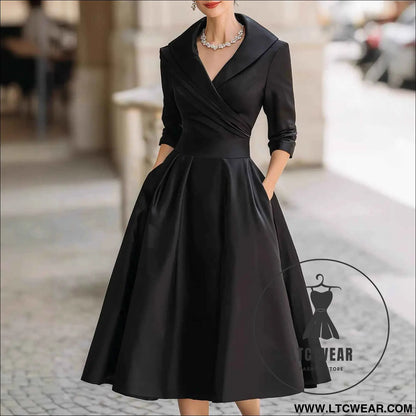 Elegant Satin Long Sleeve Belted Dress for Spring and Autumn