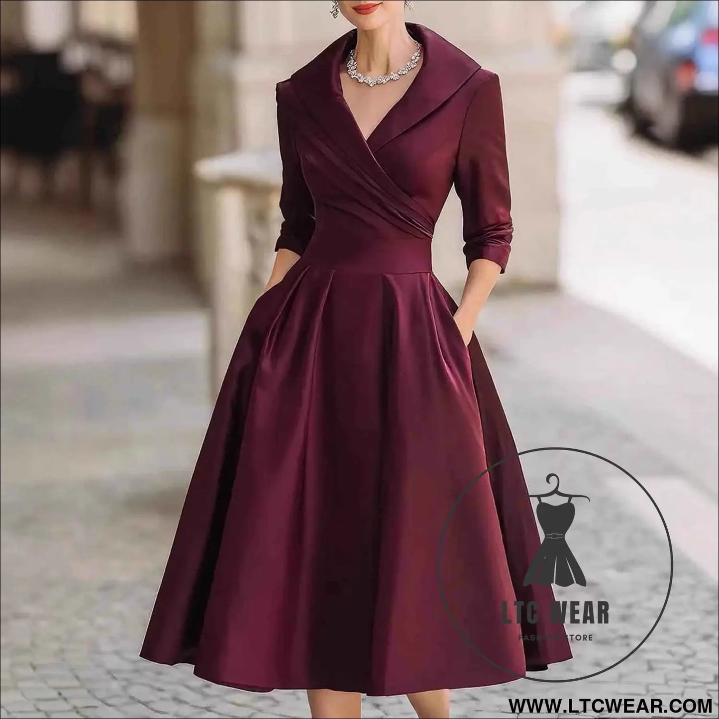 Elegant Satin Long Sleeve Belted Dress for Spring and Autumn