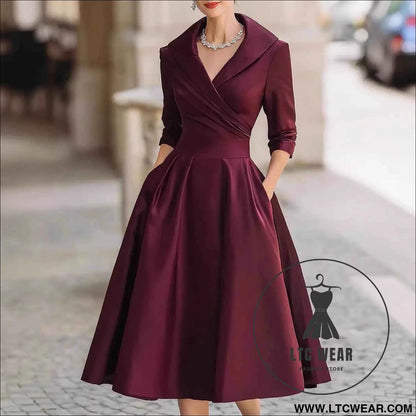 Elegant Satin Long Sleeve Belted Dress for Spring and Autumn