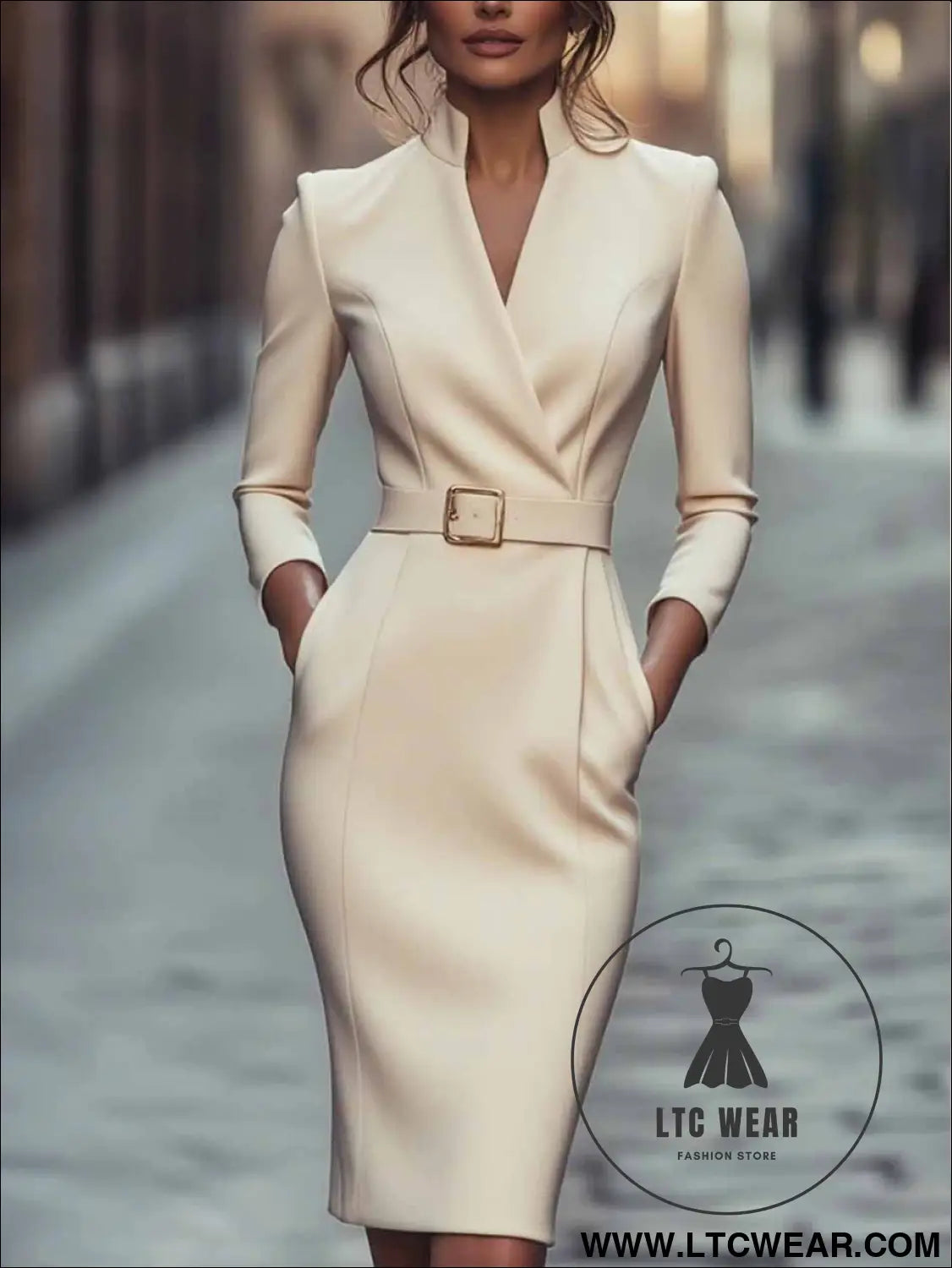 Elegant Spring Autumn Long Sleeve Pocket Dress with Belt - L.T.C Wear Online Fashion Store