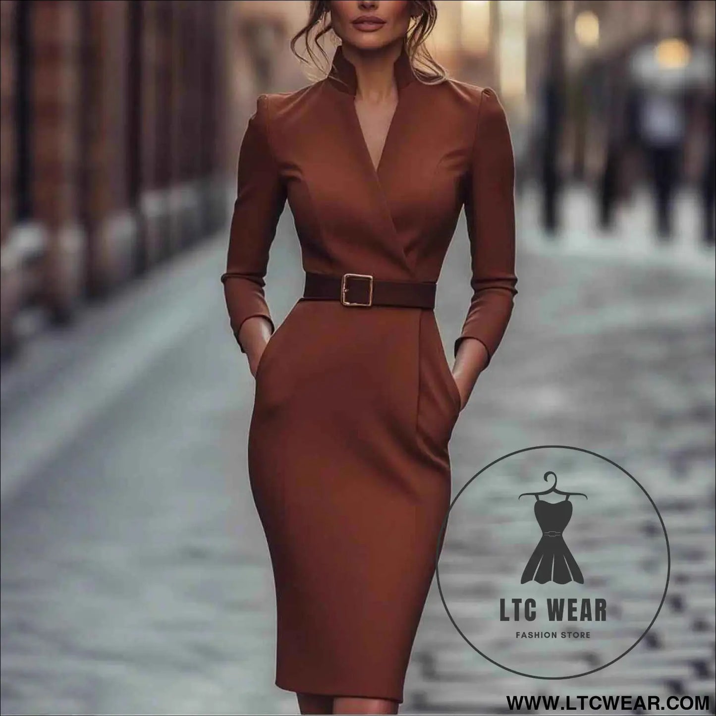 Elegant Spring Autumn Long Sleeve Pocket Dress with Belt