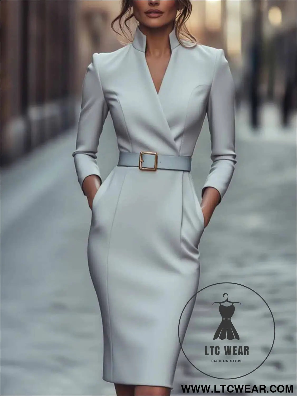 Elegant Spring Autumn Long Sleeve Pocket Dress with Belt - L.T.C Wear Online Fashion Store