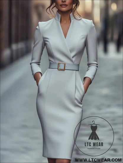Elegant Spring Autumn Long Sleeve Pocket Dress with Belt - L.T.C Wear Online Fashion Store