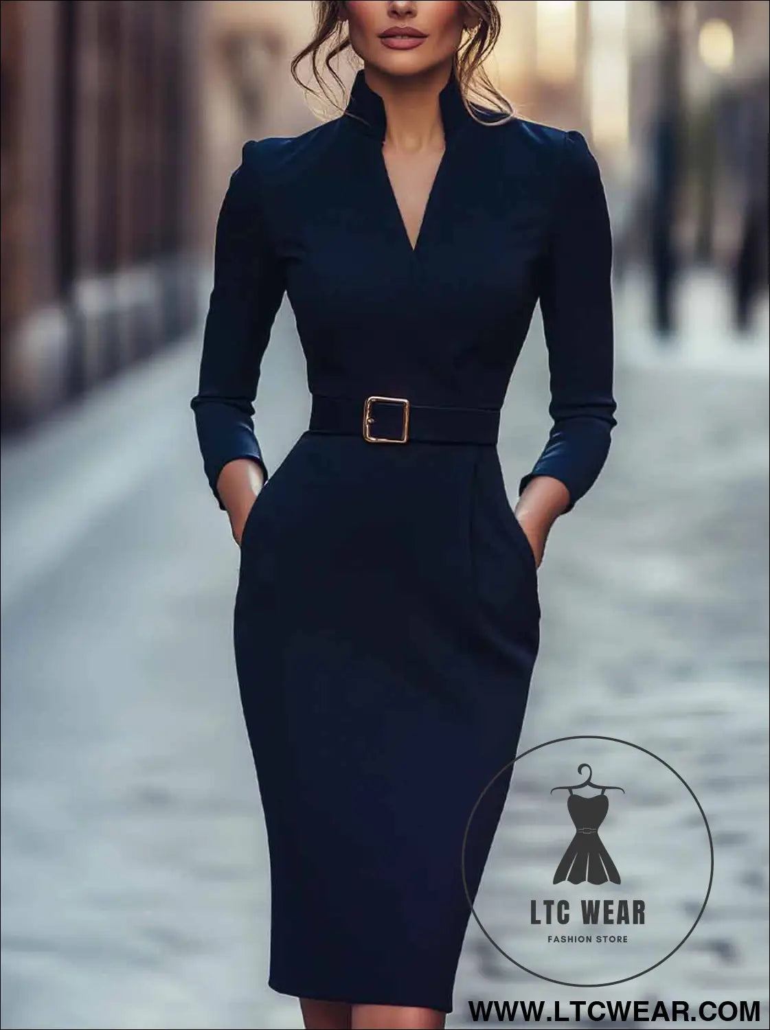Elegant Spring Autumn Long Sleeve Pocket Dress with Belt - L.T.C Wear Online Fashion Store