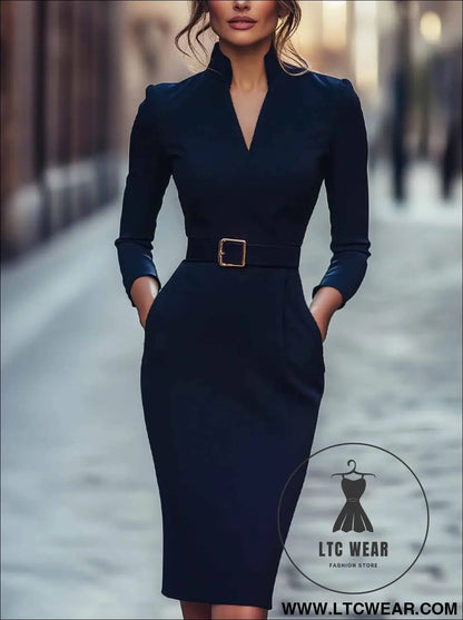 Elegant Spring Autumn Long Sleeve Pocket Dress with Belt - L.T.C Wear Online Fashion Store