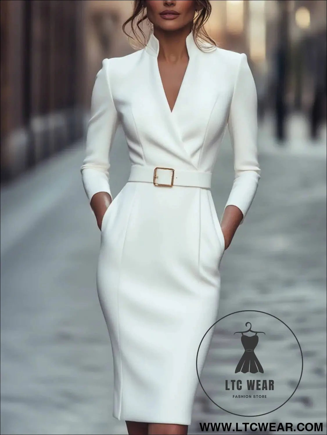 Elegant Spring Autumn Long Sleeve Pocket Dress with Belt - L.T.C Wear Online Fashion Store