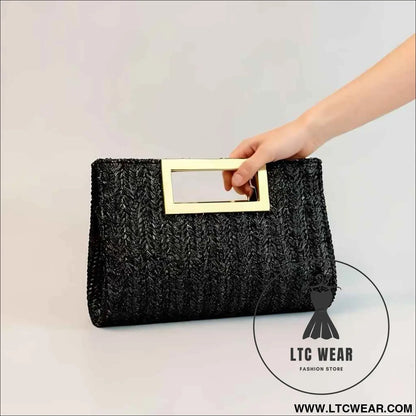 Elegant Striped Woven Clutch Metal Handle Chain Strap