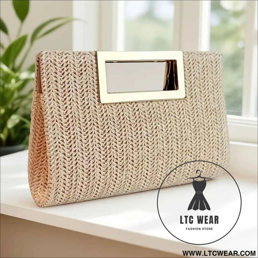 Elegant Striped Woven Clutch Metal Handle Chain Strap
