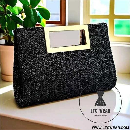 Elegant Striped Woven Clutch Metal Handle Chain Strap