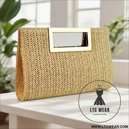 Elegant Striped Woven Clutch Metal Handle Chain Strap