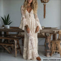 Elegant v-neck high-waisted lace spliced casual long sleeve dress - apricot / xs