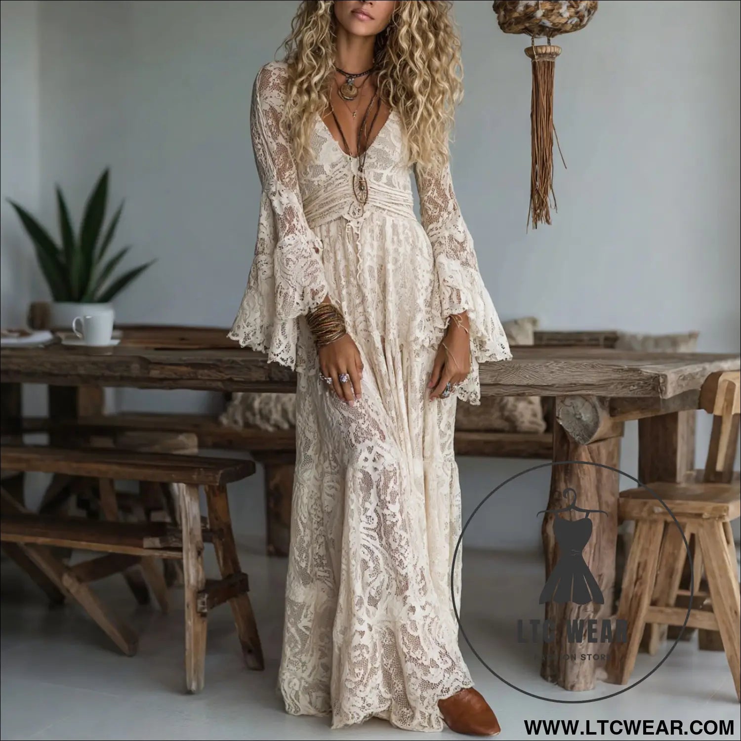 Elegant v-neck high-waisted lace spliced casual long sleeve dress - apricot / xs