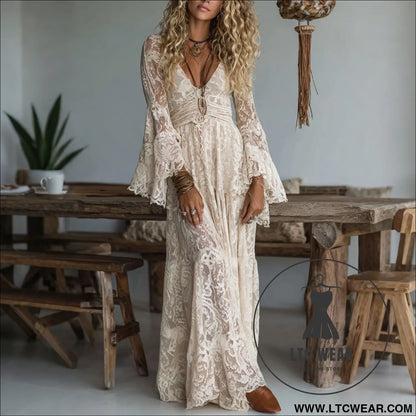 Elegant v-neck high-waisted lace spliced casual long sleeve dress - apricot / xs