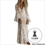 Elegant v-neck high-waisted lace spliced casual long sleeve dress