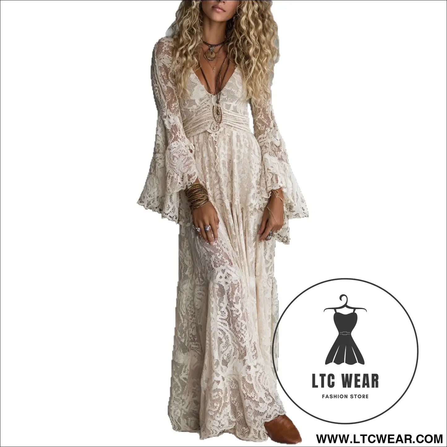 Elegant v-neck high-waisted lace spliced casual long sleeve dress