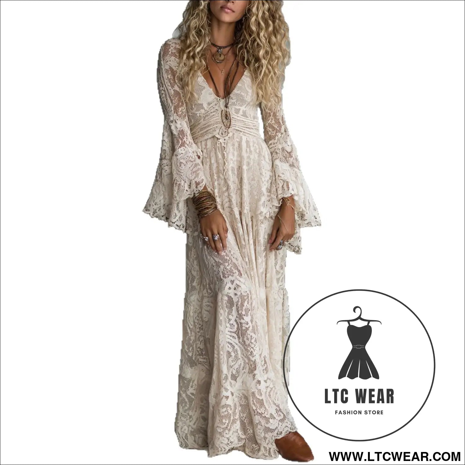 Elegant v-neck high-waisted lace spliced casual long sleeve dress