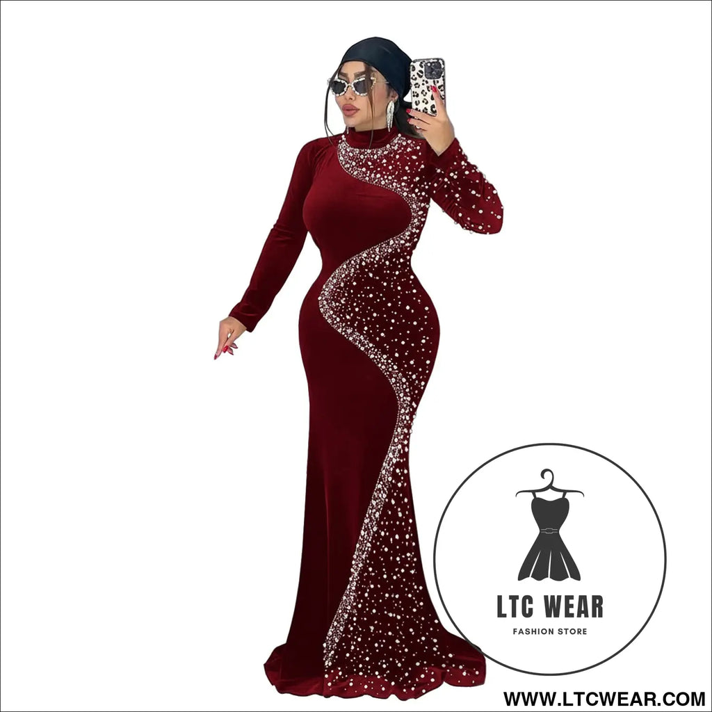 Elegant velvet embellished dress for women fashionable chic cocktail dress - burgundy / s