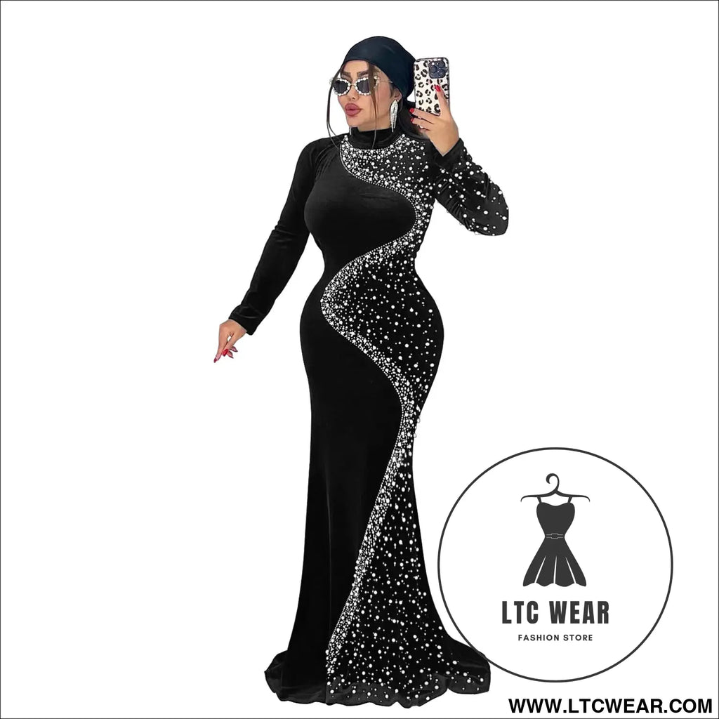 Elegant velvet embellished dress for women fashionable chic cocktail dress - black / s