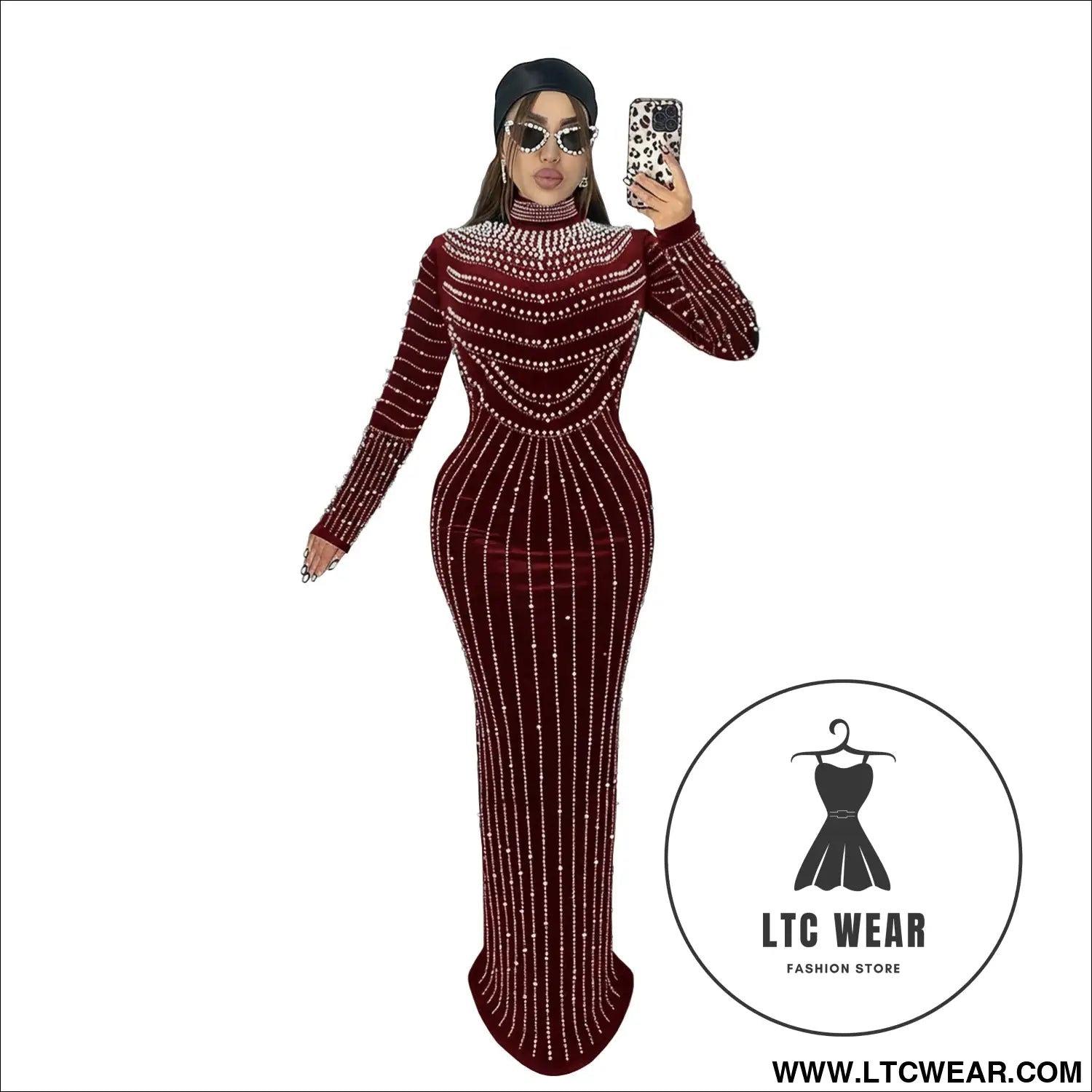 Elegant velvet embellished long sleeve dress for women fashion style casual occasion - burgundy / s