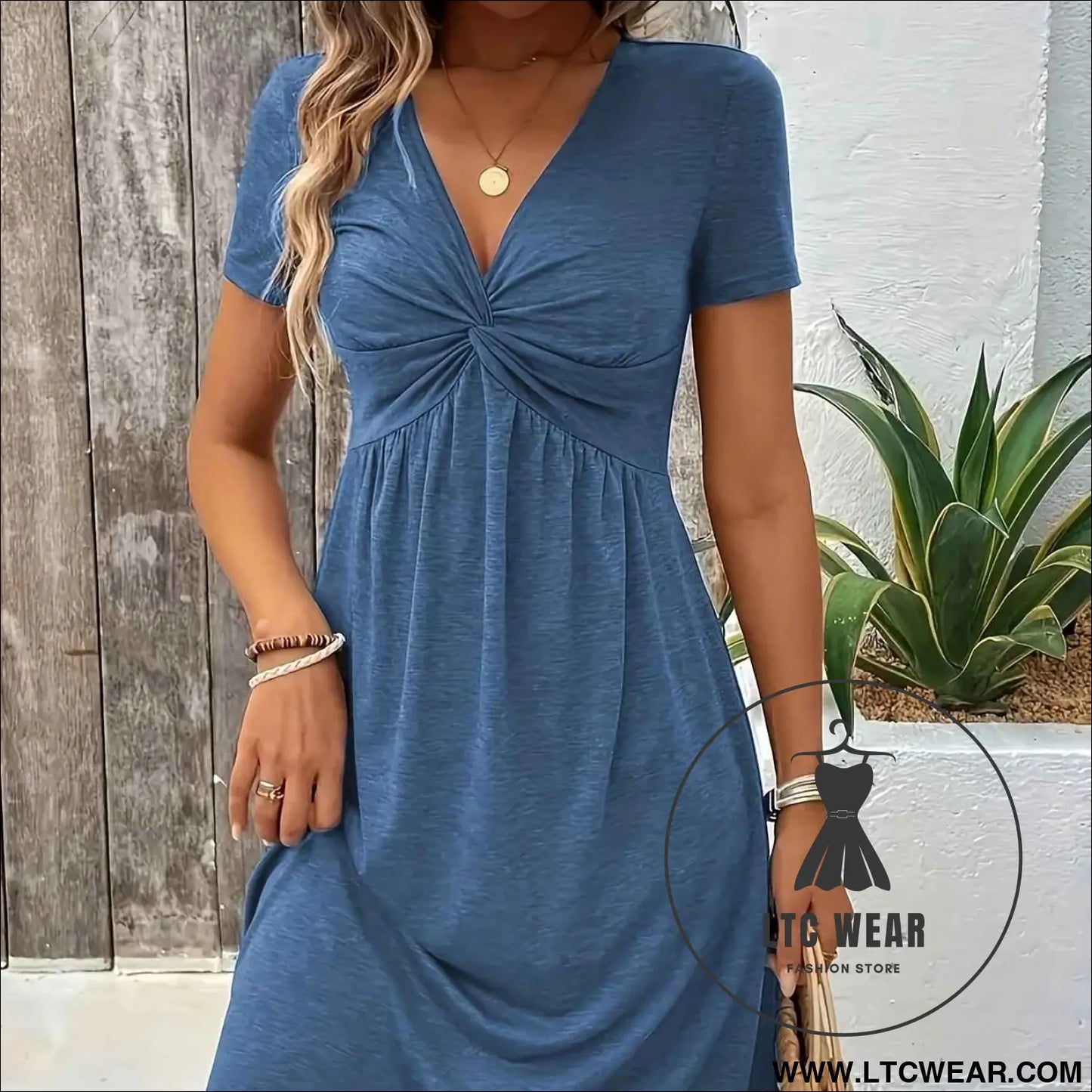Elegant VNeck Twist Pencil Dress  KneeLength Midi
