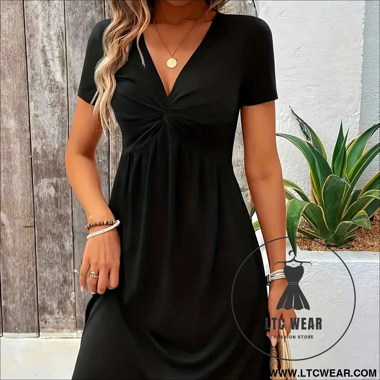 Elegant VNeck Twist Pencil Dress  KneeLength Midi