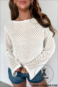 Elegant white scalloped knit long sleeve top - white / s / 100% acrylic - sweaters