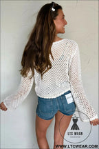 Elegant white scalloped knit long sleeve top - sweaters