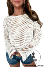 Elegant white scalloped knit long sleeve top - sweaters