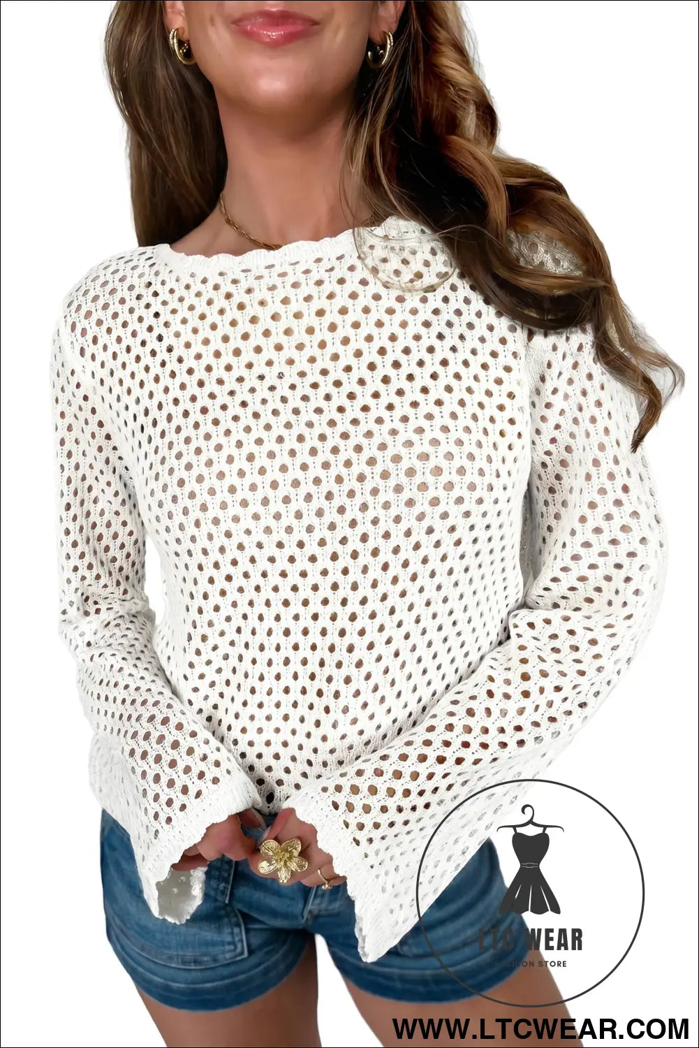 Elegant white scalloped knit long sleeve top - sweaters