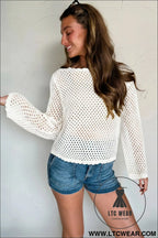Elegant white scalloped knit long sleeve top - sweaters