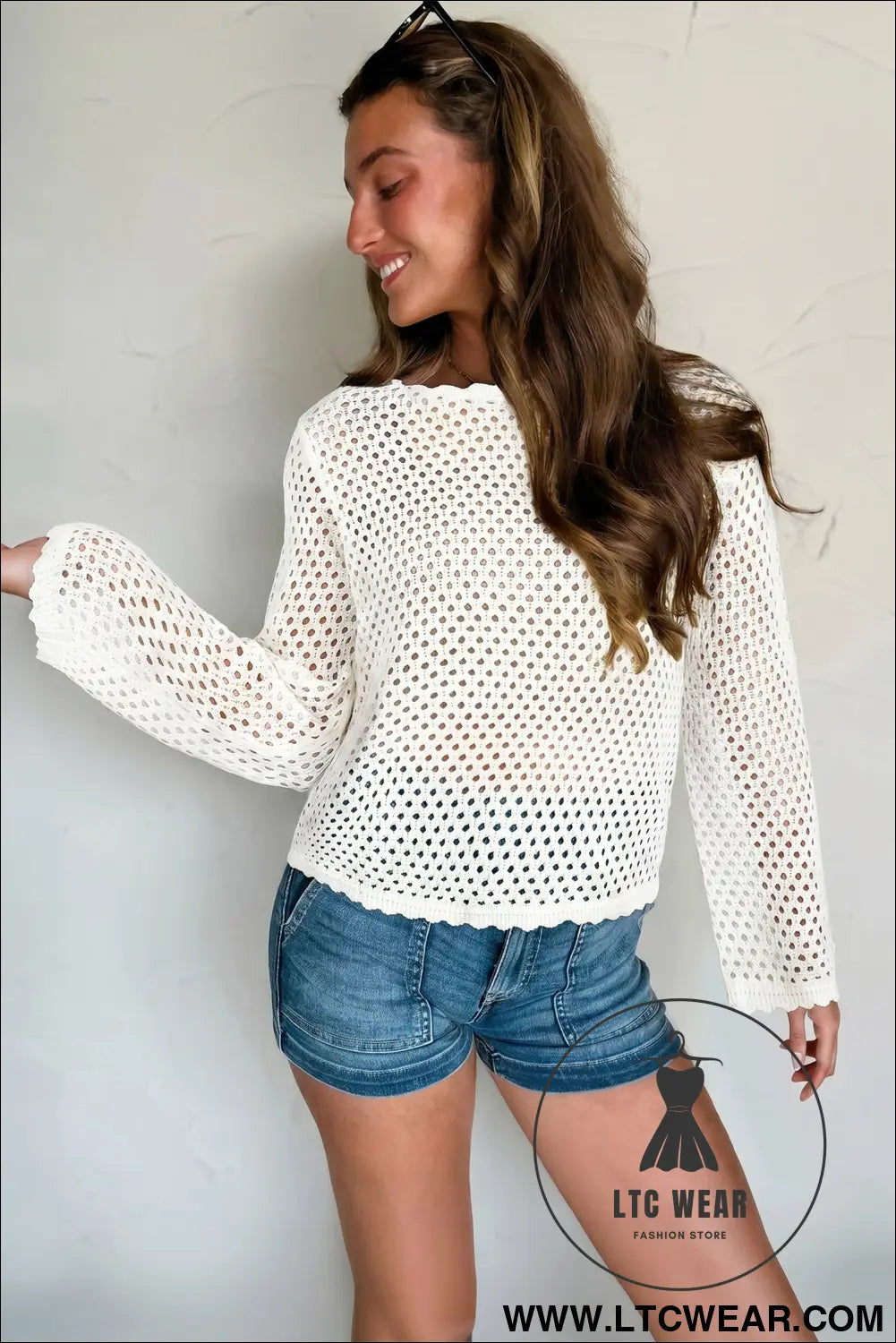 Elegant white scalloped knit long sleeve top - sweaters