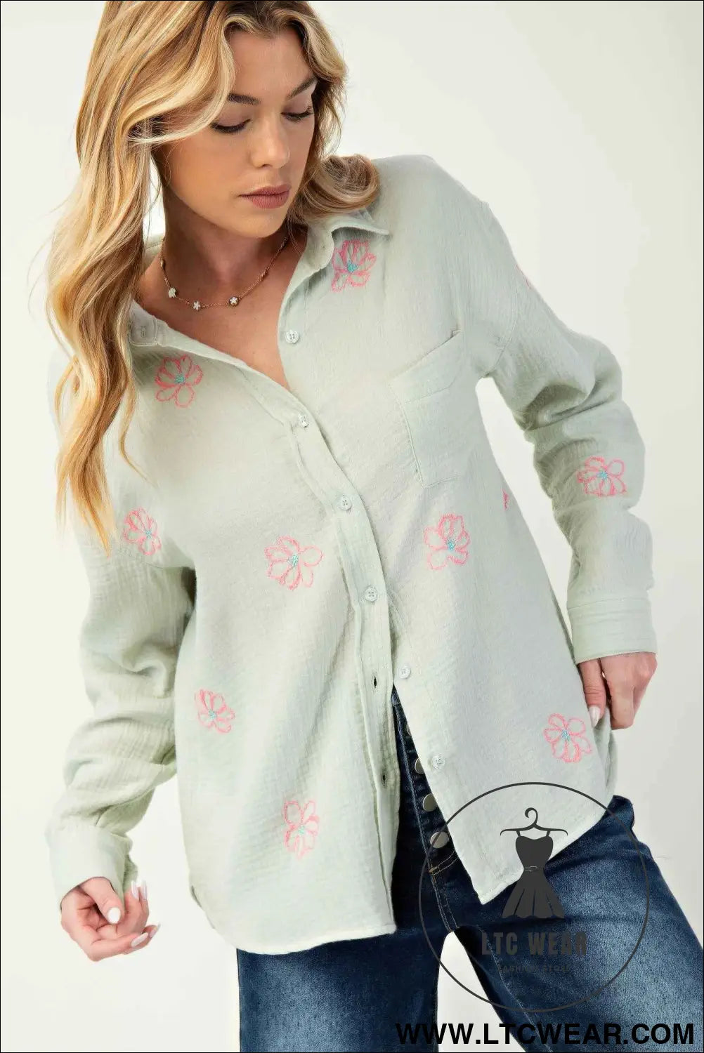 Embo detailed cotton gauze button down shirt