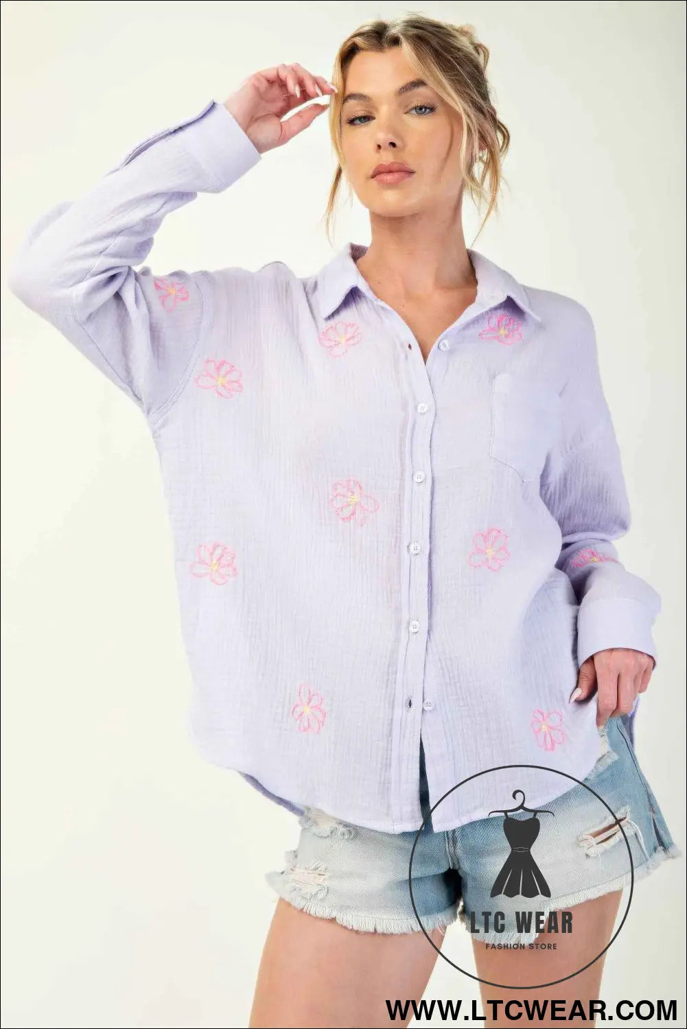 Embo detailed cotton gauze button down shirt