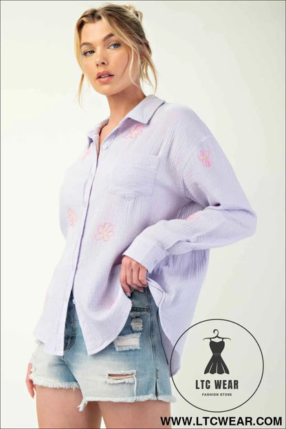 Embo detailed cotton gauze button down shirt