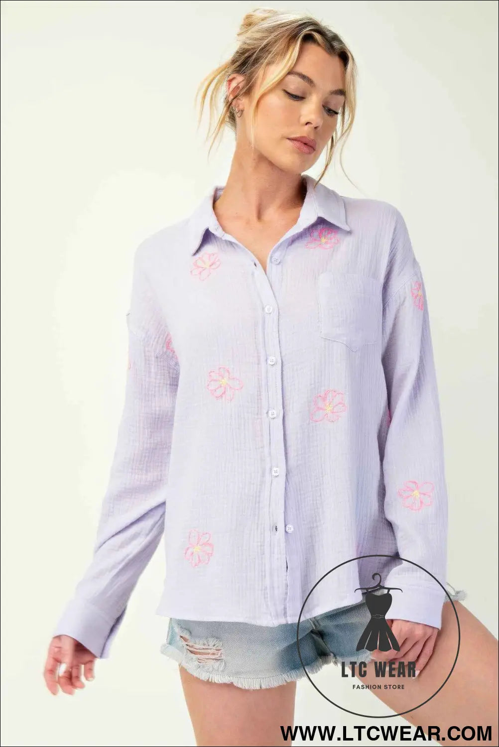 Embo detailed cotton gauze button down shirt