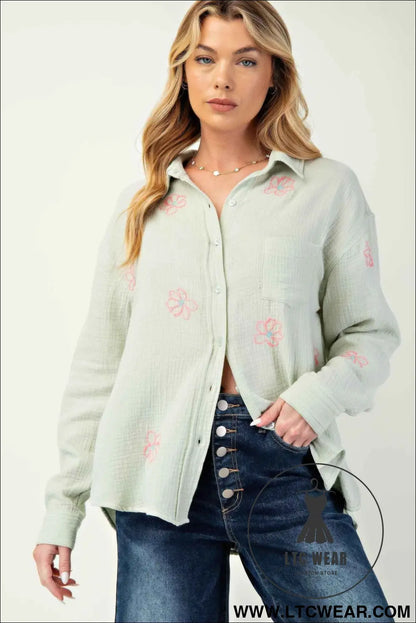 Embo detailed cotton gauze button down shirt