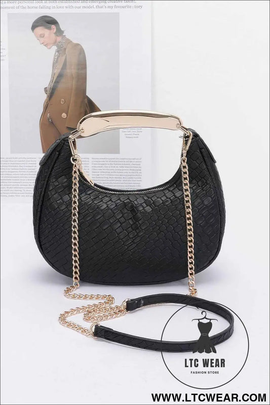 Embossed Faux Leather Metal Handle Bag