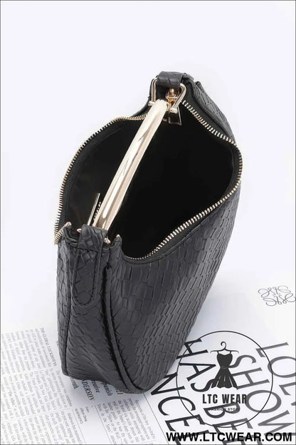 Embossed Faux Leather Metal Handle Bag