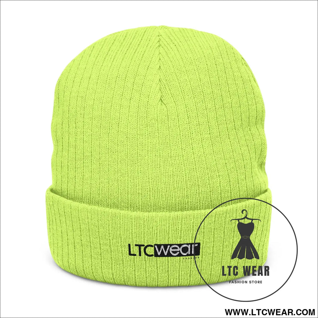 Embroidered ribbed knit beanie l.t.c wear cuffed winter hat - acid green / one size - hats