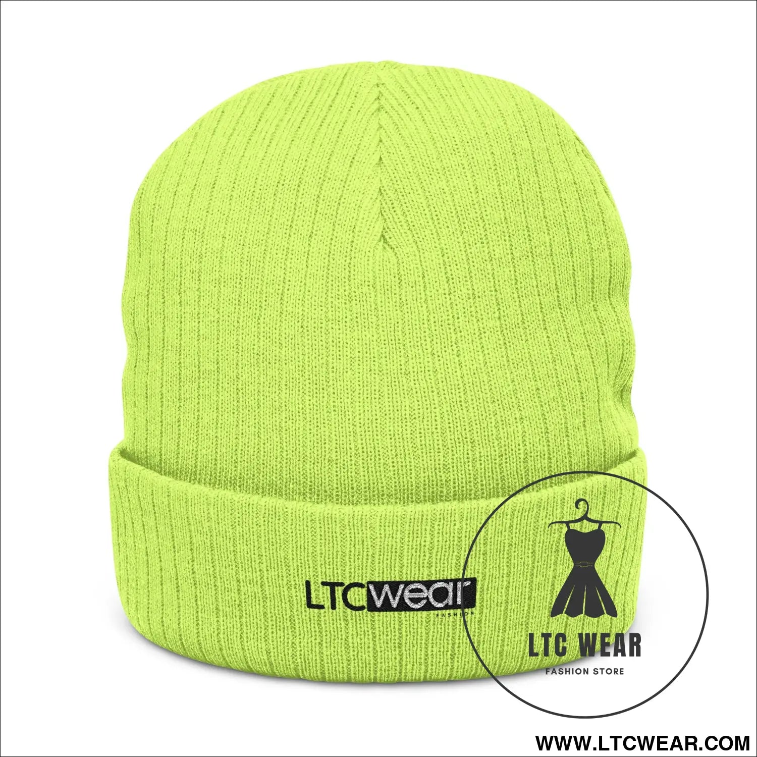 Embroidered ribbed knit beanie l.t.c wear cuffed winter hat - acid green / one size - hats